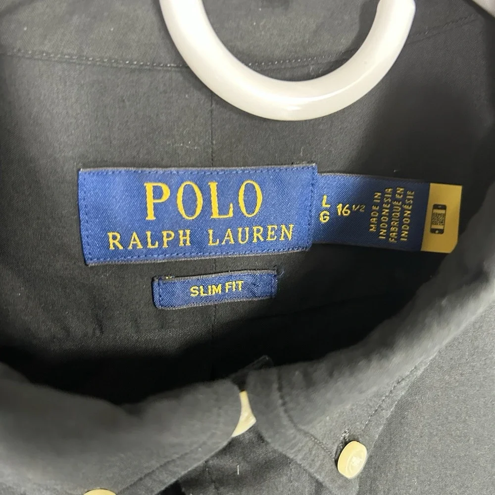 Polo Ralph Lauren Shirt Mens L Black Solid Slim fit Stretch Poplin Preppy
